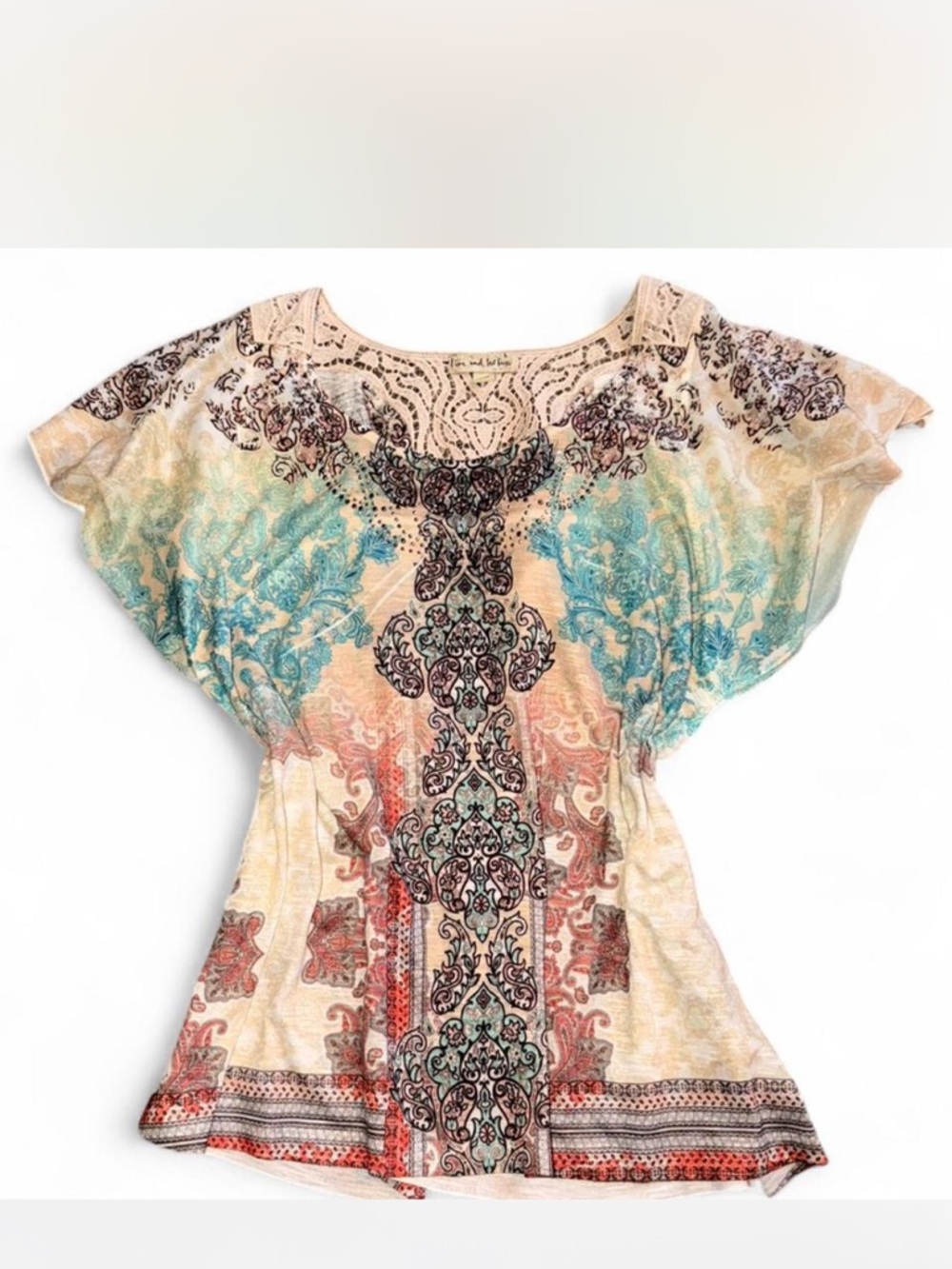 Boho biker Printed Short Sleeve Blouse in Cream and Teal